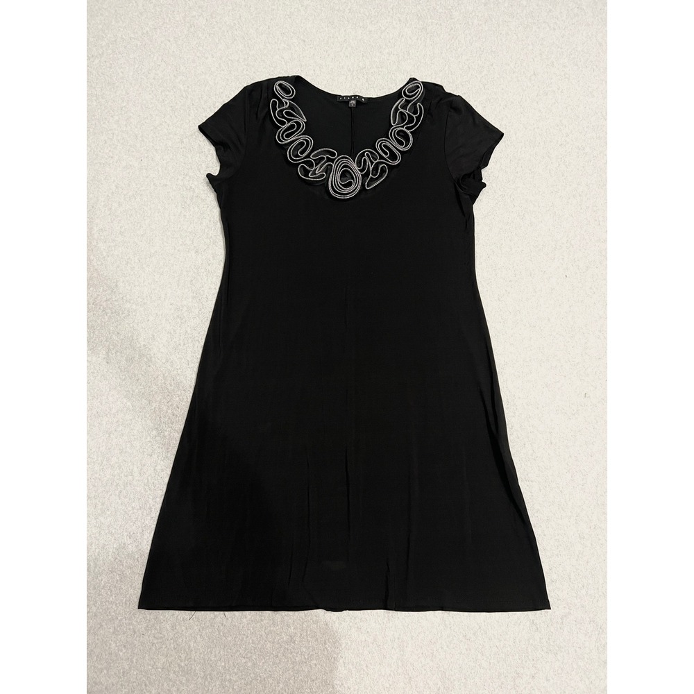 Tiana B. Midi Shift Dress Large Short Sleeve Zipper Floral Embellished USA Black